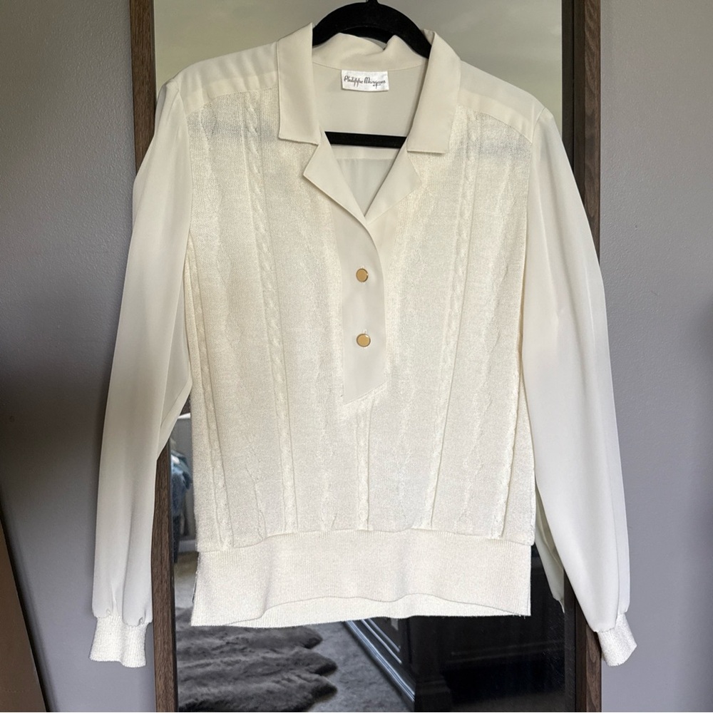 Vintage Philippe Marques Cream Long Sleeve Ribbed Button Down blouse